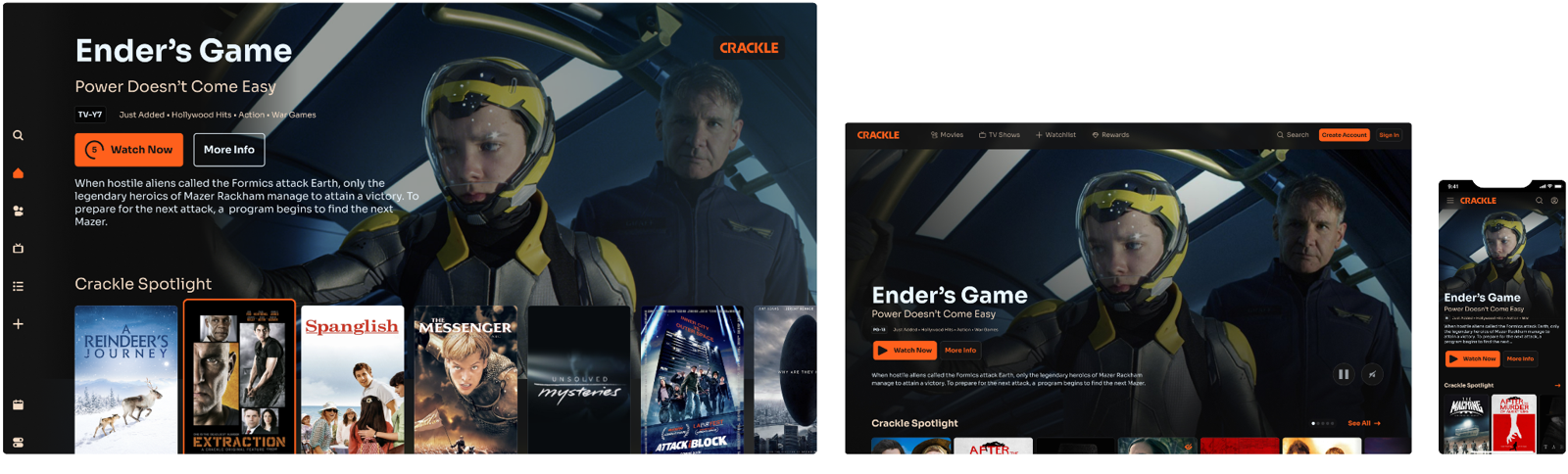 Experiencia de Crackle en TV conectada para descubrir y reproducir contenido bajo demanda en la pantalla principal del hogar.