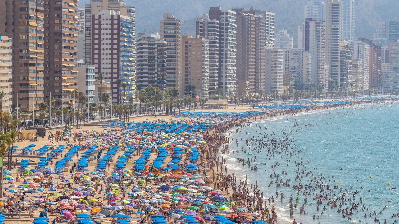 View of the beach and buildings in Benidorm.