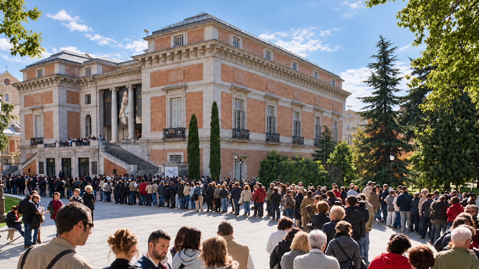 Larga cola de visitantes para comprar entradas frente al Museo del Prado